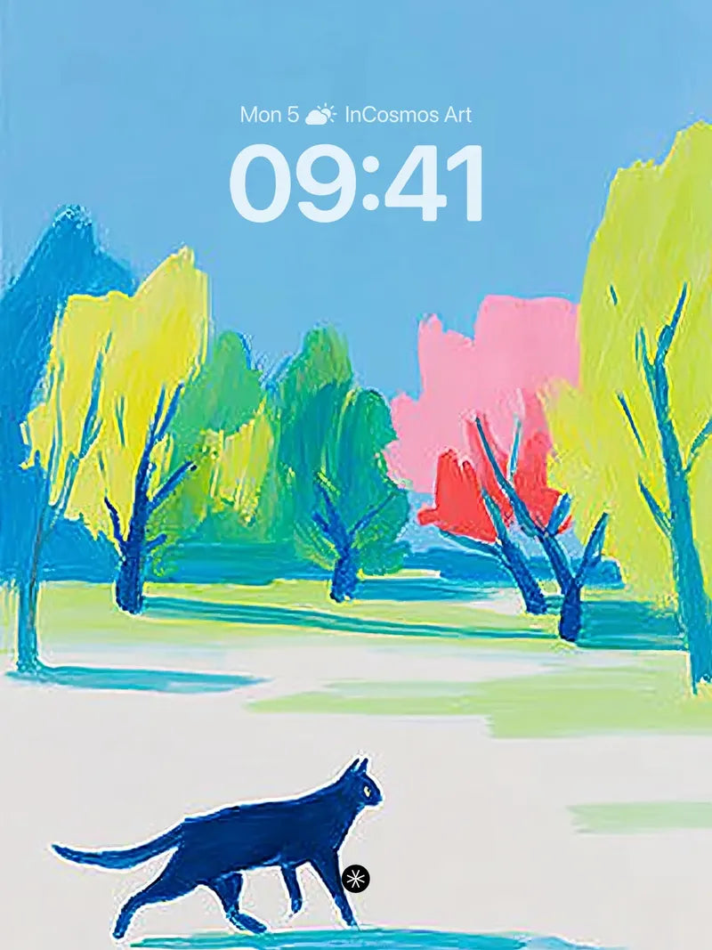 Serene Spring Stroll Wallpaper with Midnight Cat wallpaper for iPhone, iPad & Mac