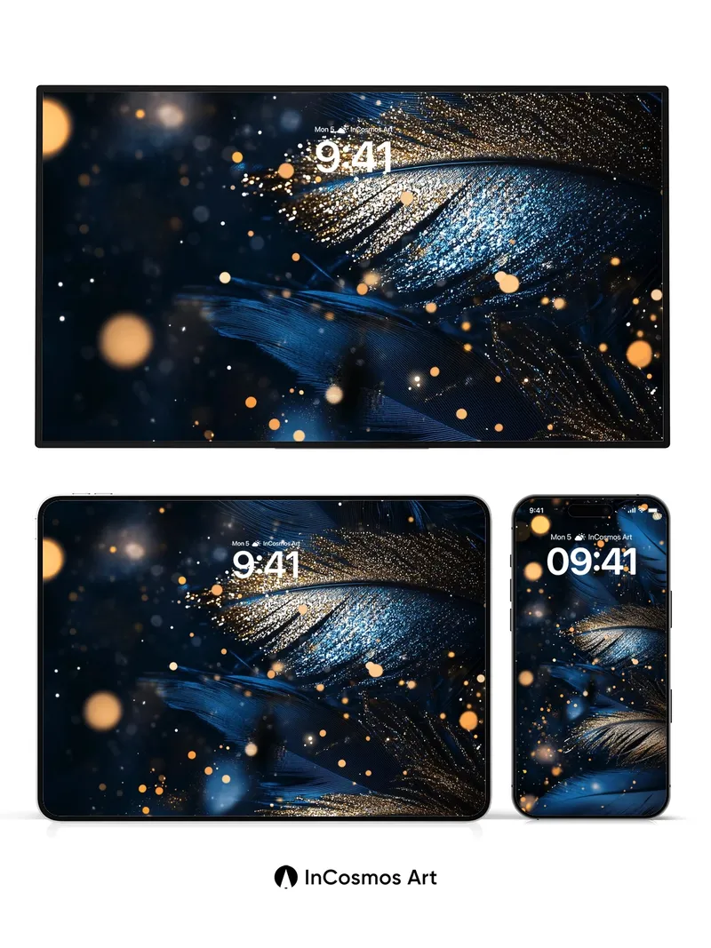 Luminous Feather Wallpaper with Golden Dust