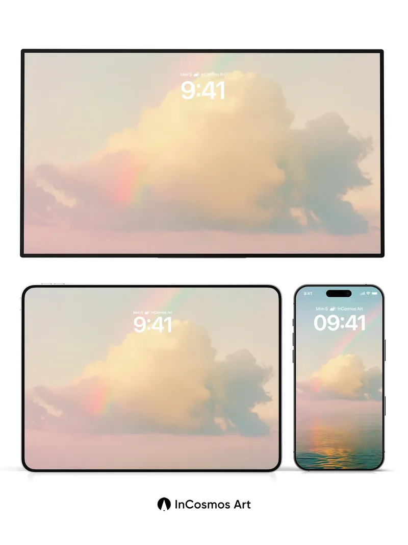 Serene Rainbow Horizon Wallpaper with Cloud Reflections