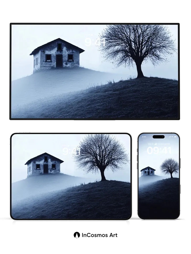 Fog-Cradled House Wallpaper with Solitary Tree