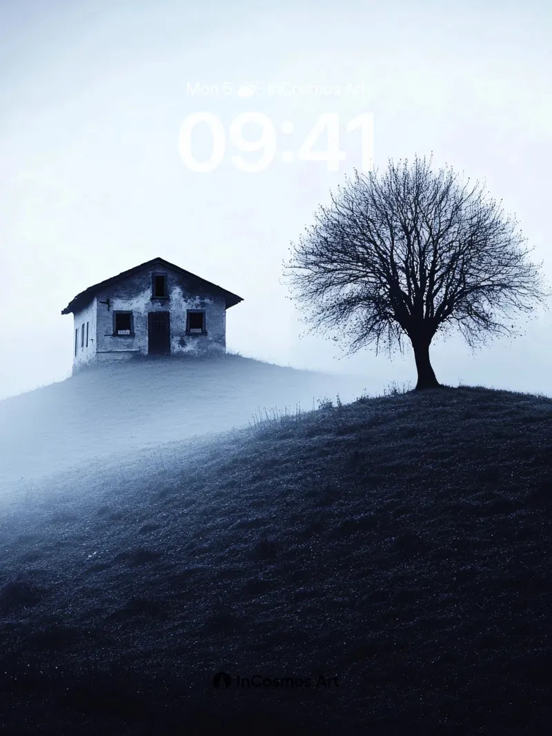 Fog-Cradled House Wallpaper with Solitary Tree