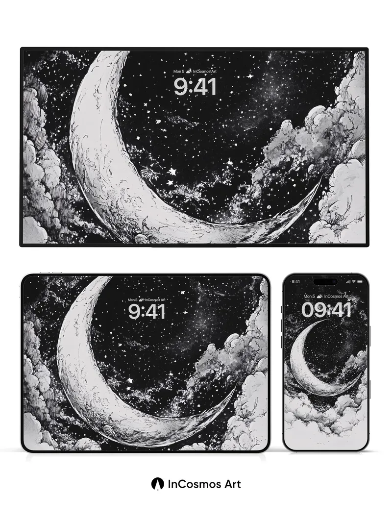 Crescent Mirage Wallpaper with Starlit Clouds