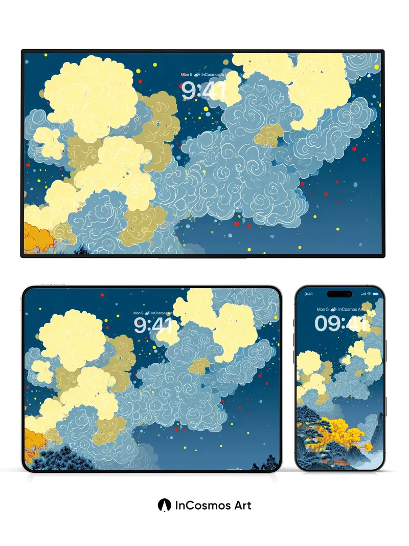 Celestial Stillness Wallpaper with Golden Clouds