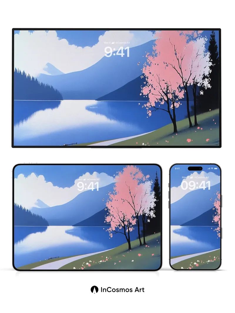 Serene Cherry Bloom Wallpaper with Mountain Mirror