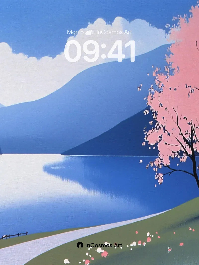 Serene Cherry Bloom Wallpaper with Mountain Mirror