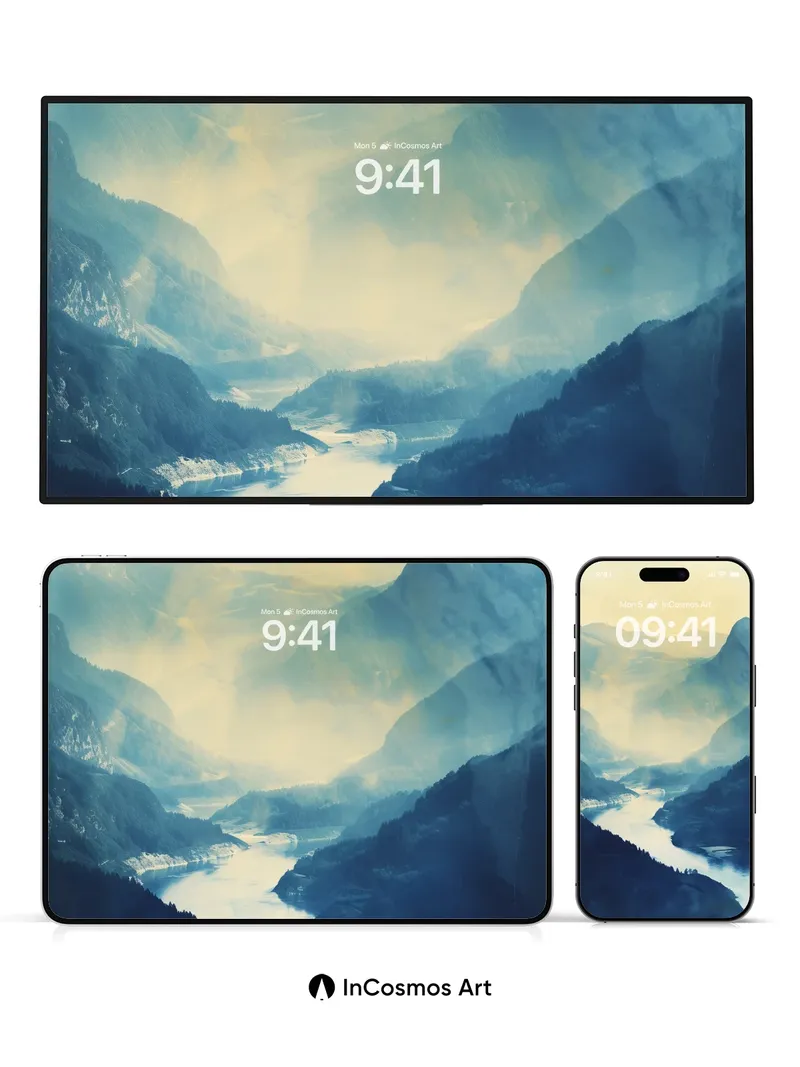 Serenity River Wallpaper with Mist-Covered Peaks