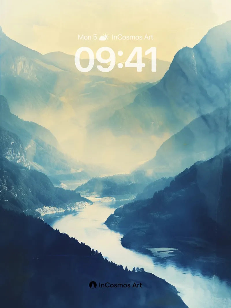 Serenity River Wallpaper with Mist-Covered Peaks