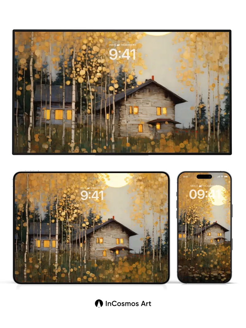 Golden Hush Wallpaper with Moonlit Birch