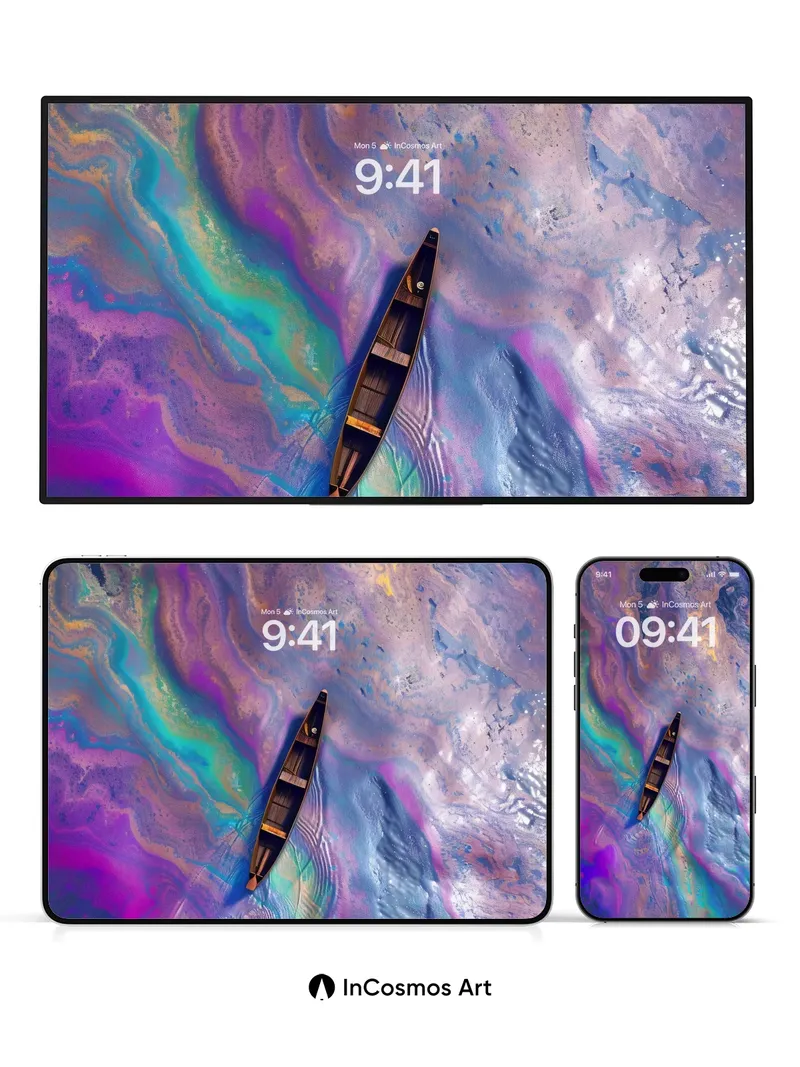 Surreal Watercolor Wallpaper with Floating Canoe