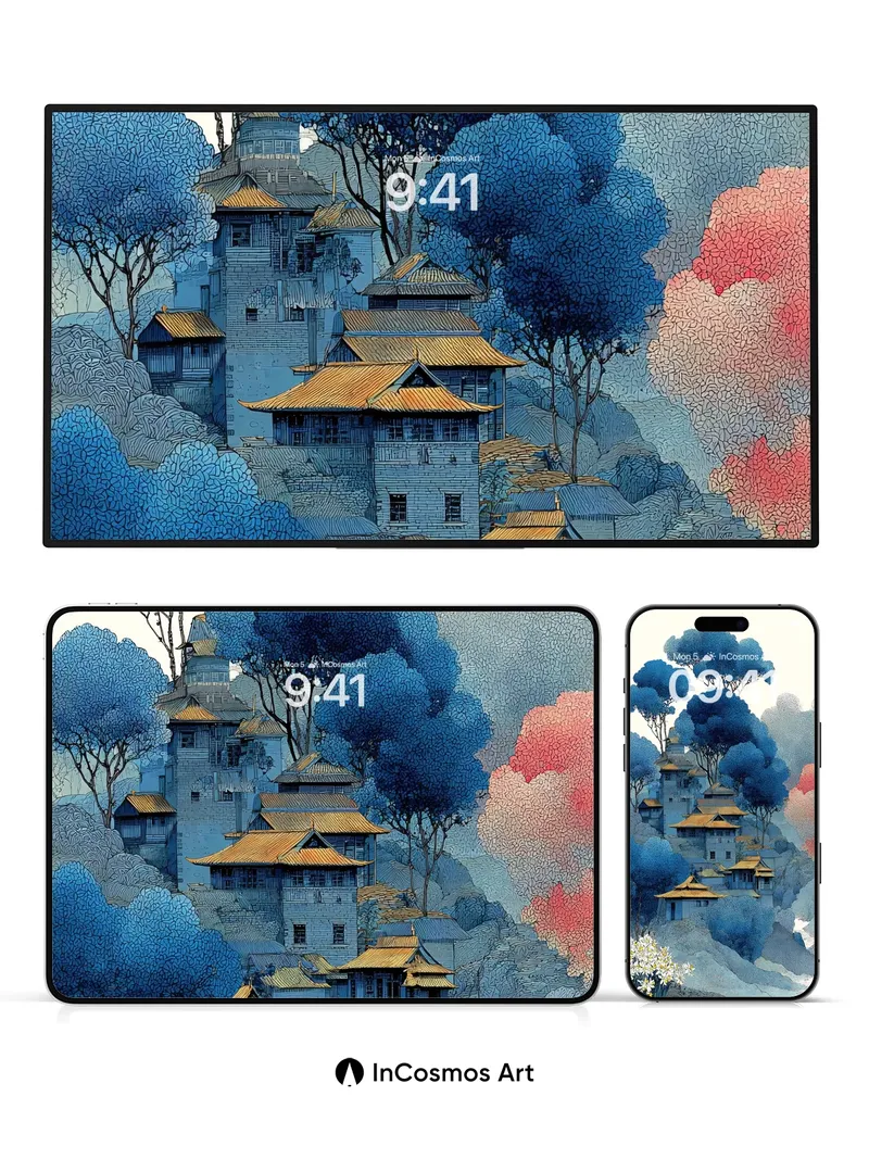 Cobalt Reverie Wallpaper with Floating Temples