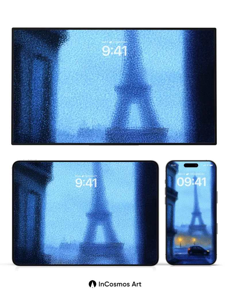 Misty Eiffel Wallpaper with Rain-Soaked Streets