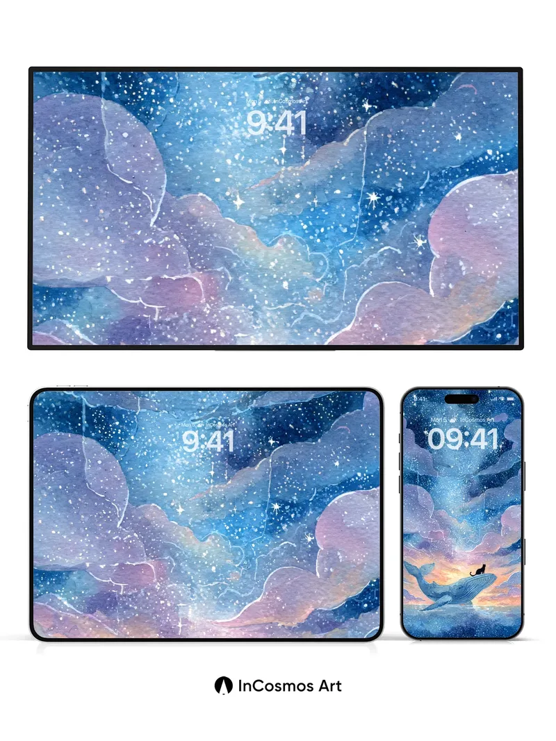 Starry Sky Whale Wallpaper with Midnight Cat