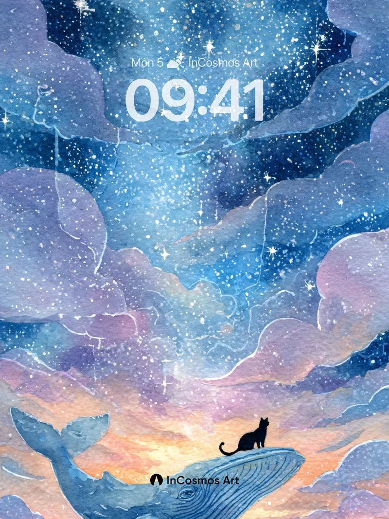 Starry Sky Whale Wallpaper with Midnight Cat wallpaper for iPhone, iPad & Mac