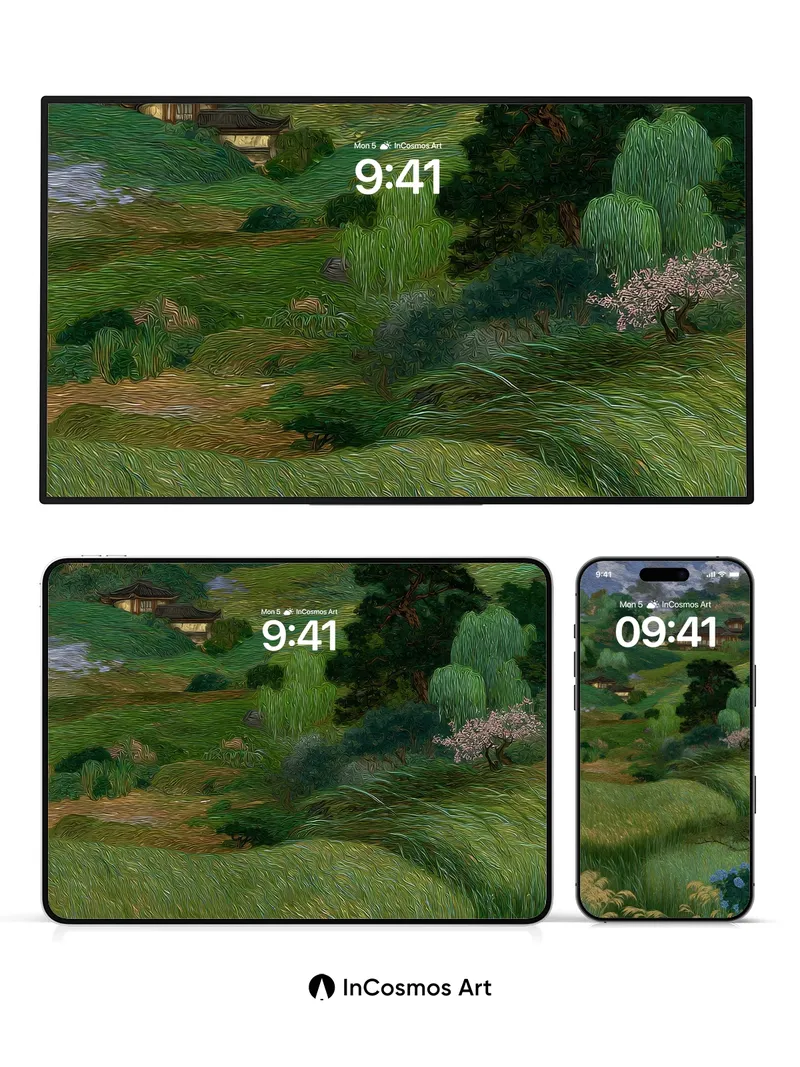 Whispering Grass Wallpaper with Hidden Pavilions