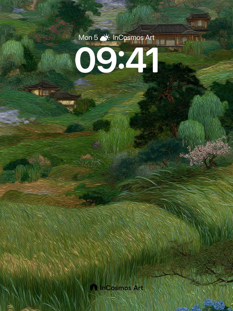 Whispering Grass Wallpaper with Hidden Pavilions