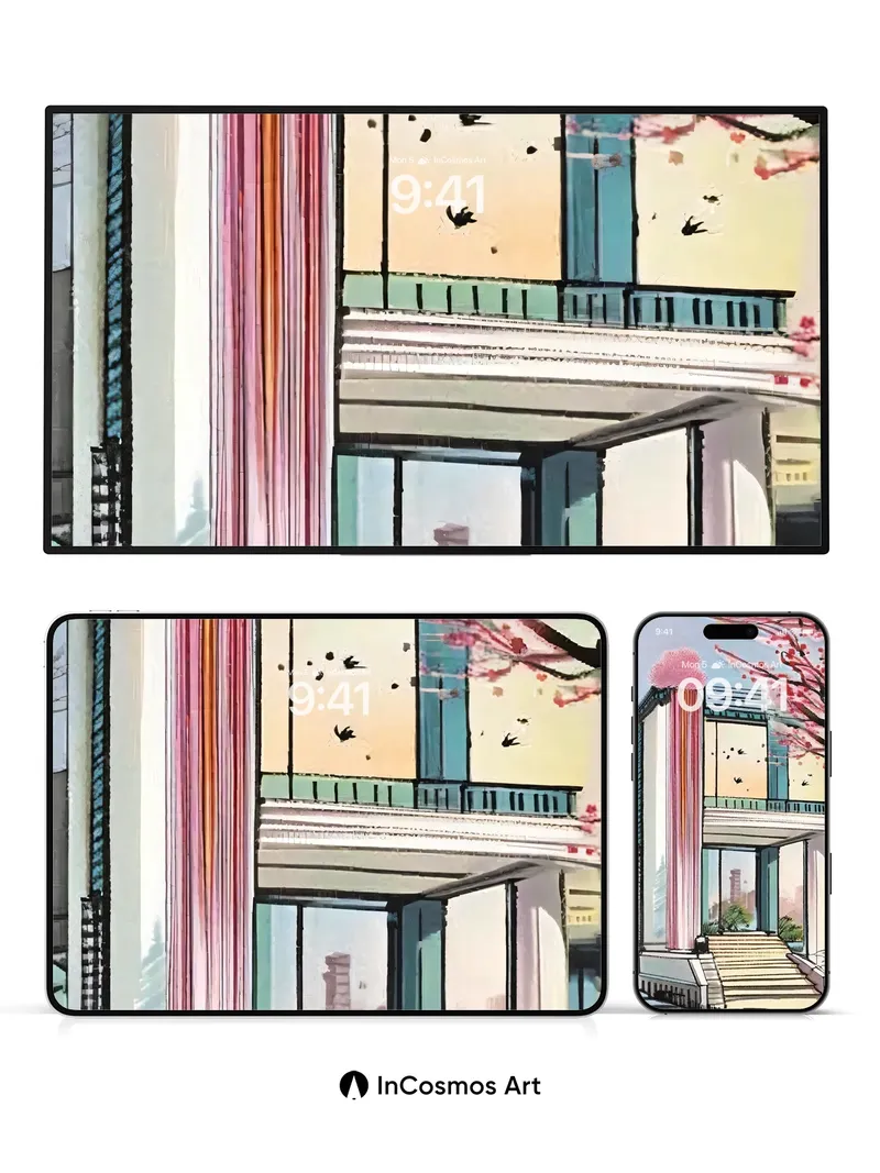 Cherry Bloom Architecture Wallpaper with Floating Light