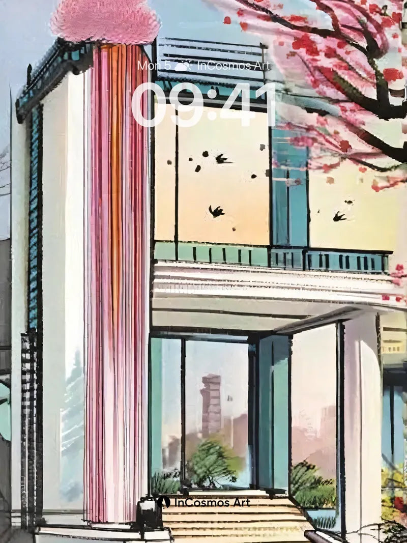 Cherry Bloom Architecture Wallpaper with Floating Light