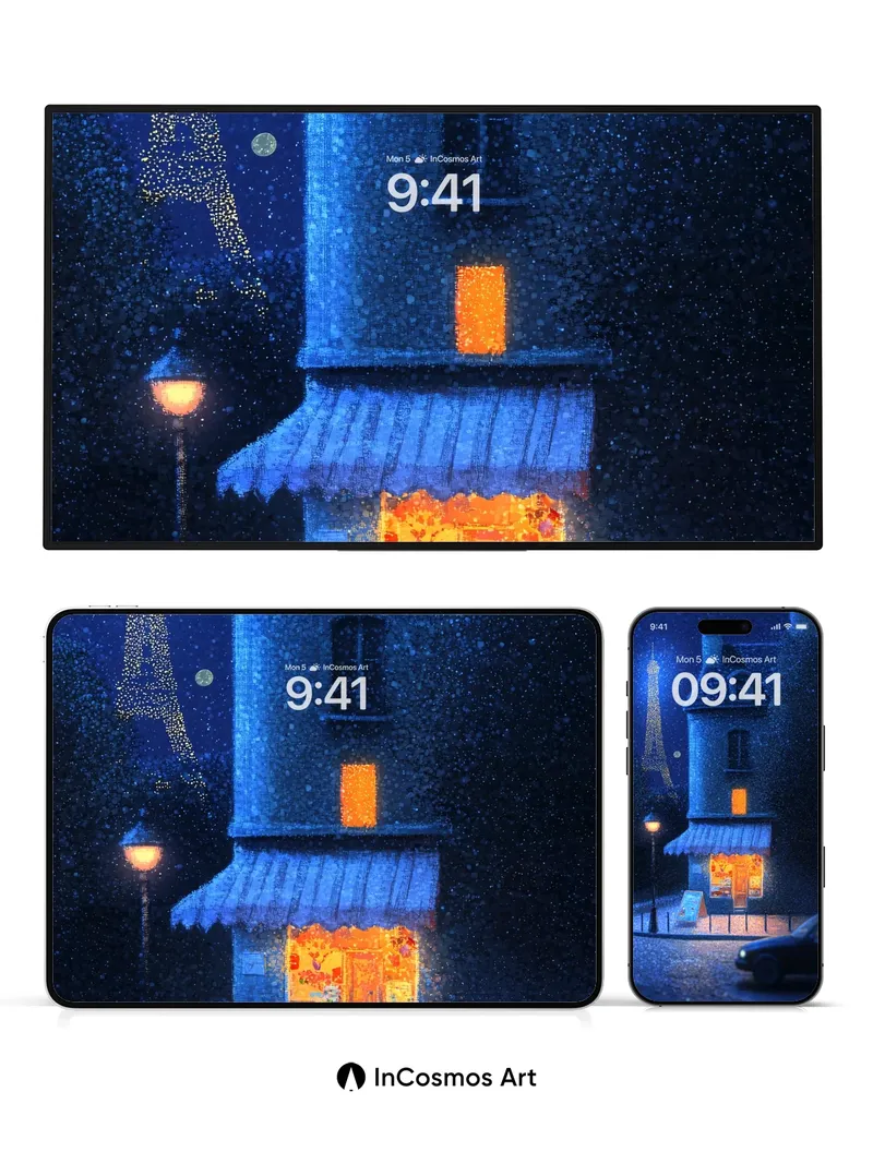 Snowfall Mirage Wallpaper with Eiffel Glow