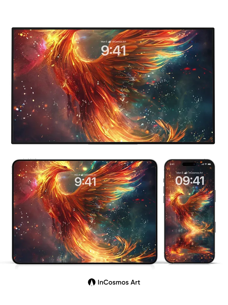 Phoenix Rebirth Wallpaper with Cosmic Reflection