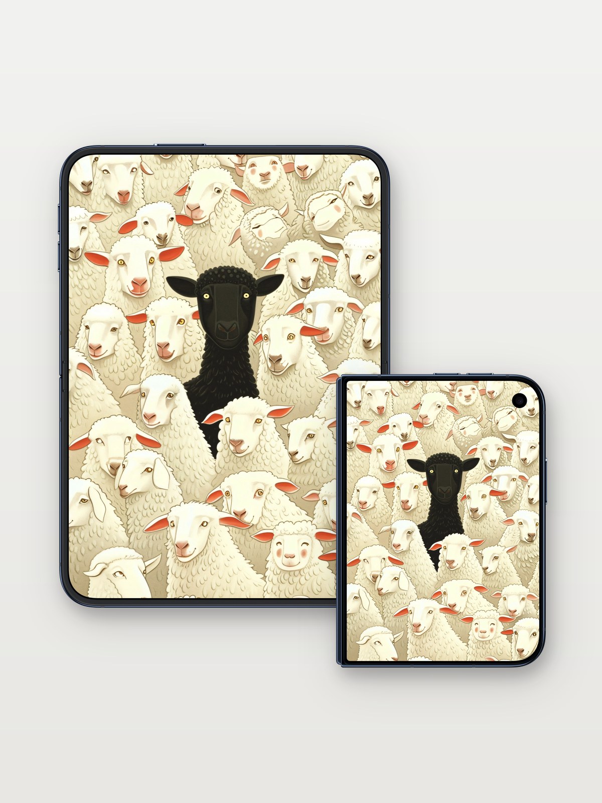 Sole Black Sheep Wallpaper in a Sea of White on iPhone Duo, open and closed
