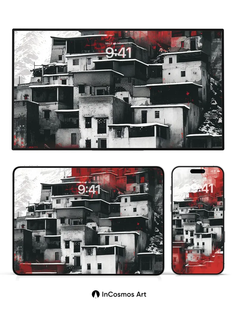 Crimson Echoes Wallpaper with Snow-Crusted Edges