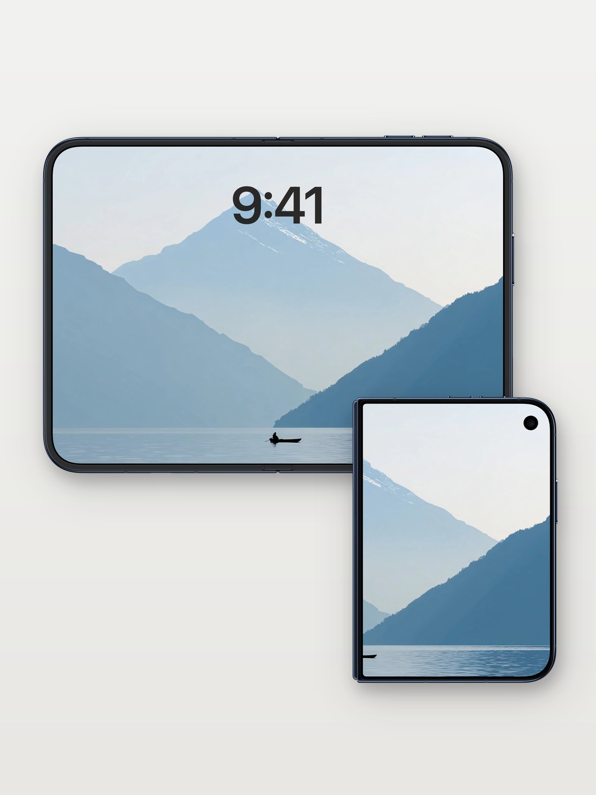 Serene Mountain Lake Winter Calm Wallpaper on iPhone Duo, open and closed