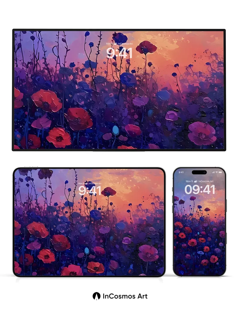 Velvet Twilight Wallpaper with Poppy Fields