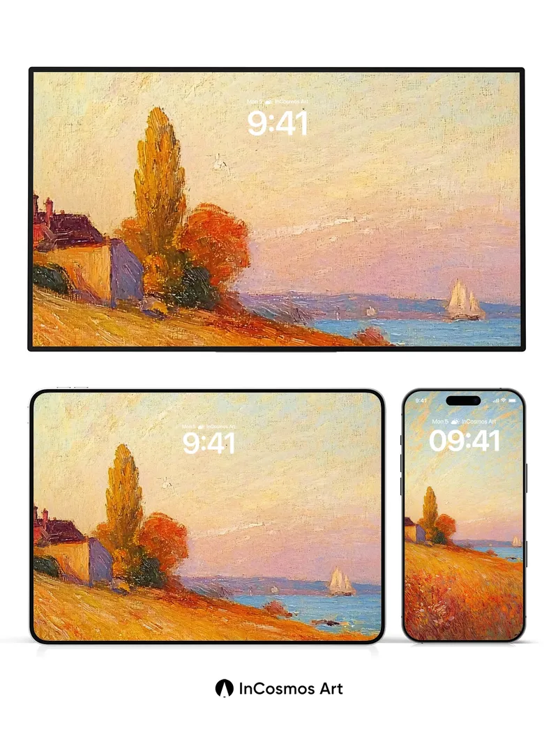 Golden Hour Field Wallpaper with Distant Sail