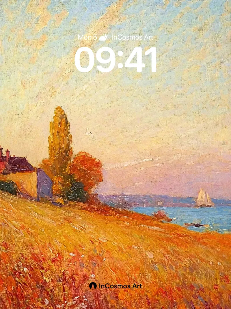 Golden Hour Field Wallpaper with Distant Sail