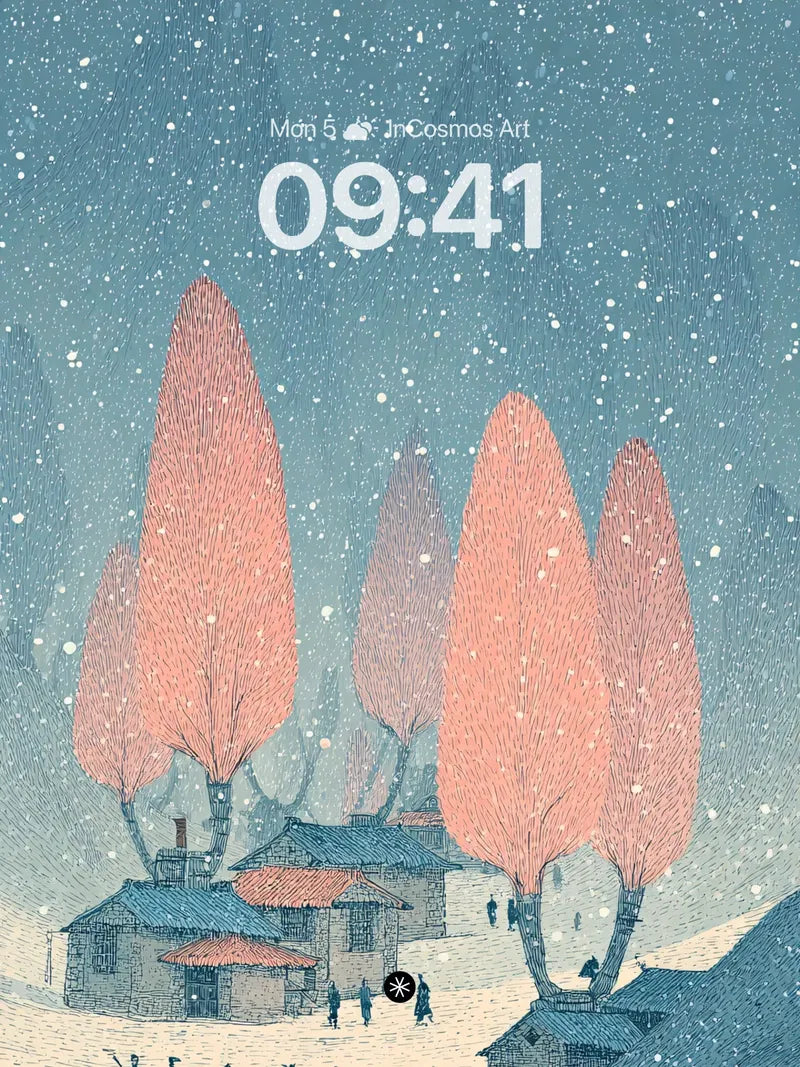 Serene Snowfall Village Wallpaper with Blush Trees wallpaper for iPhone, iPad & Mac