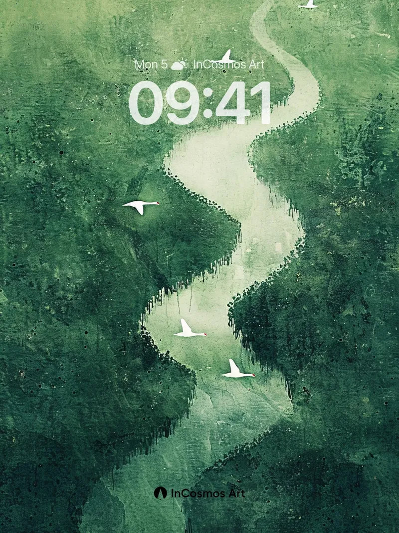 Serene Jade River Wallpaper with Flying Birds wallpaper for iPhone, iPad & Mac