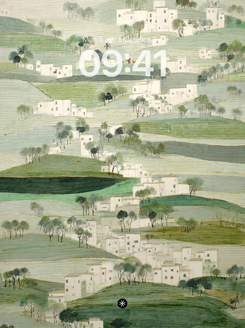 Serene Hillside Village Wallpaper with Layered Greens wallpaper for iPhone, iPad & Mac