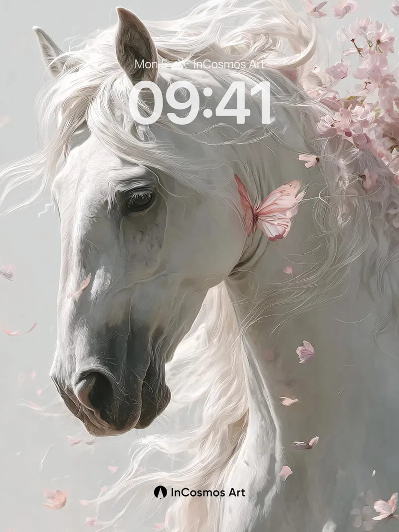 Serenity of the White Steed Wallpaper with Fluttering Petals