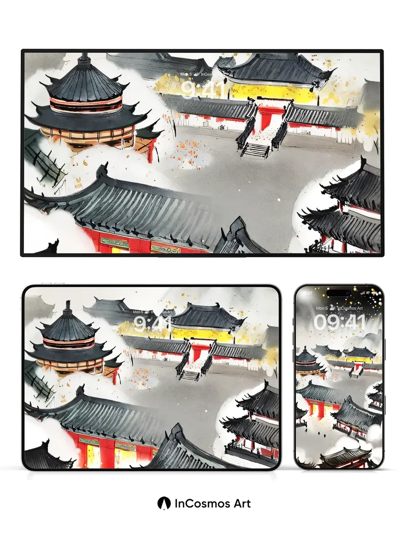 Snowfall Reverie Wallpaper with Floating Temples