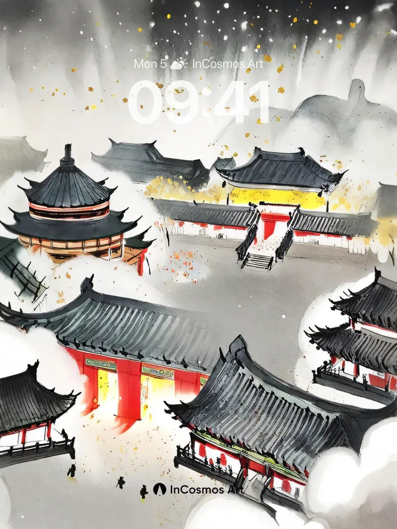 Snowfall Reverie Wallpaper with Floating Temples