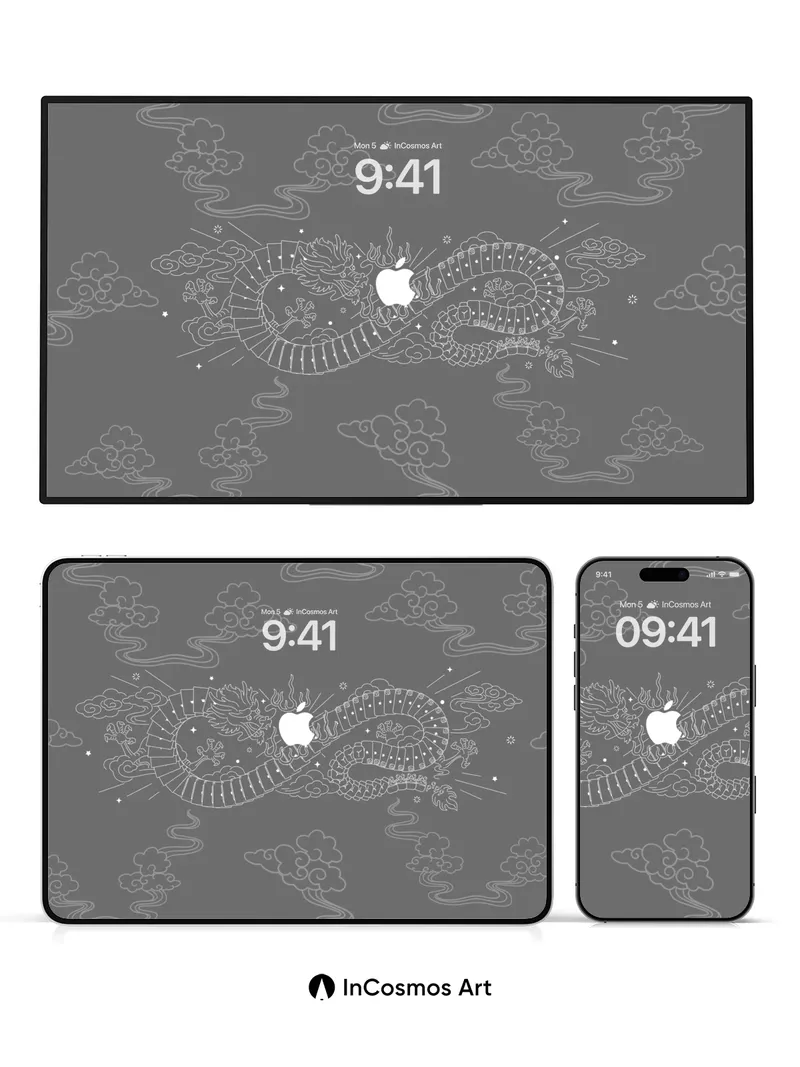 Serene Dragon Scroll Wallpaper with Hidden Apple