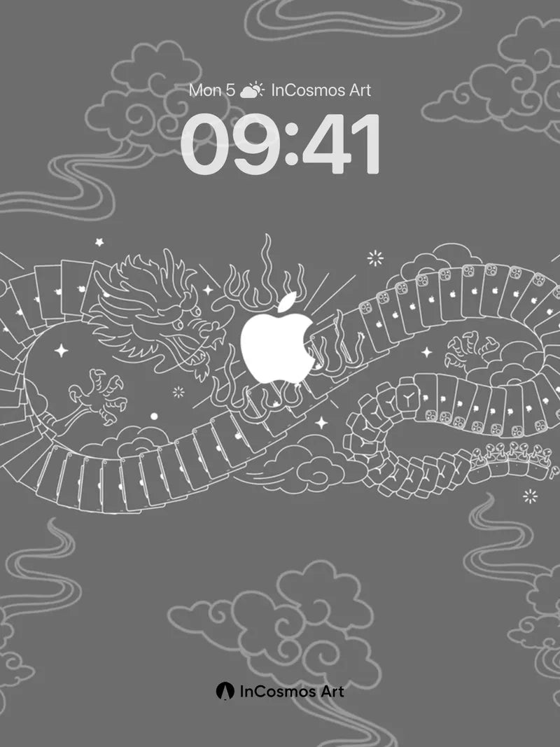Serene Dragon Scroll Wallpaper with Hidden Apple
