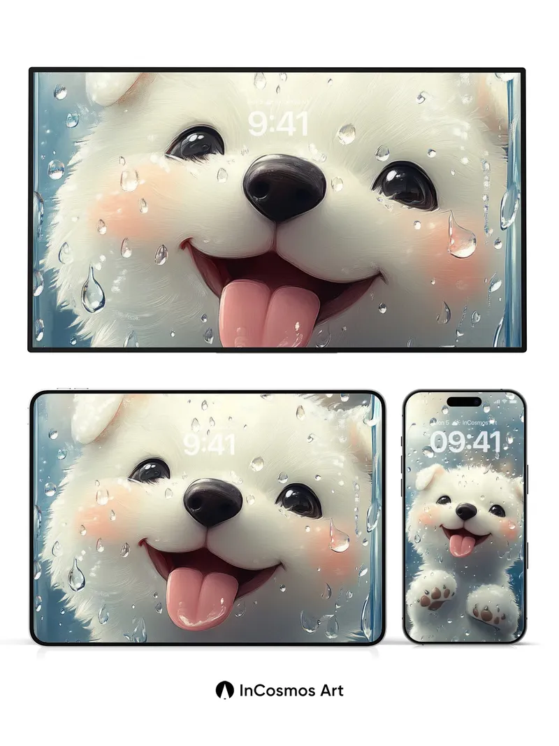 Playful Pup Wallpaper Behind Rain-Drenched Glass