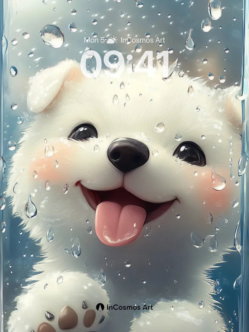 Playful Pup Wallpaper Behind Rain-Drenched Glass