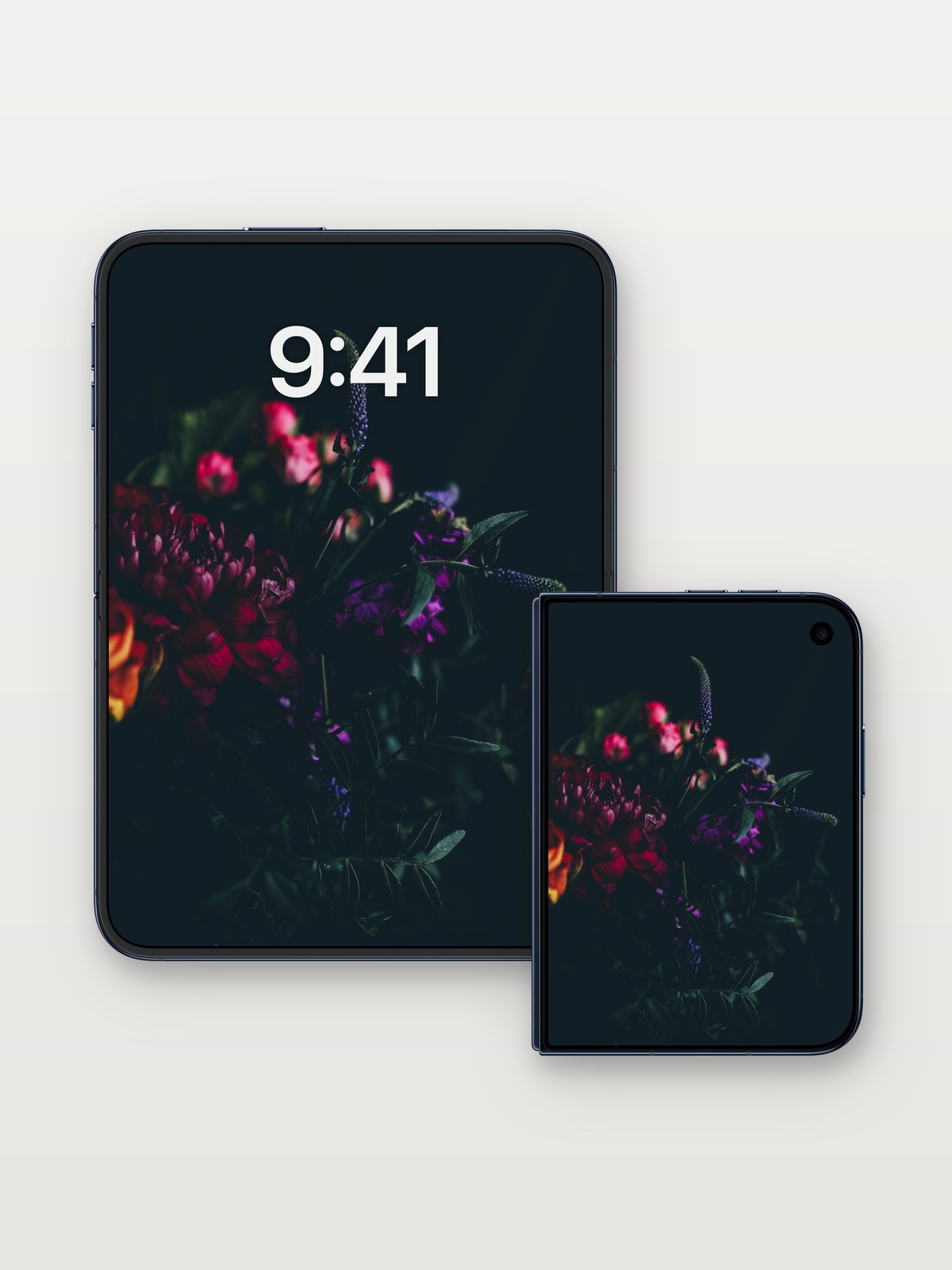 Velvet Night Wallpaper with Whispering Petals on iPhone Duo, open and closed