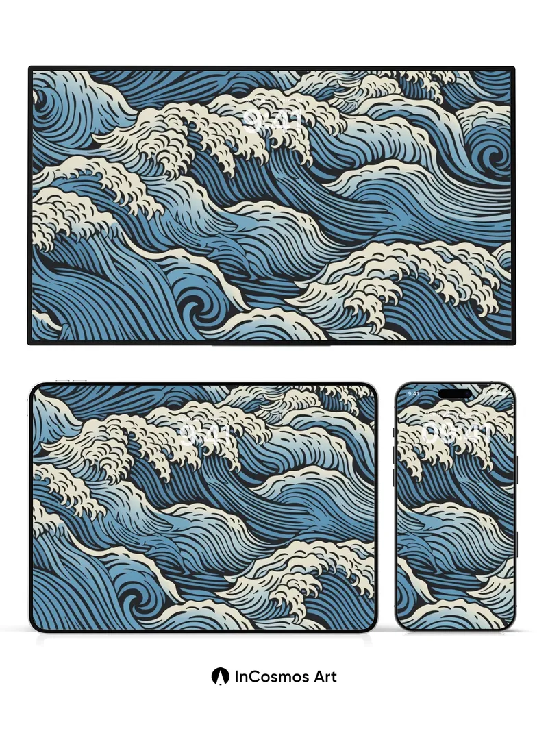 Storm-Tossed Wave Wallpaper in Hokusai Style