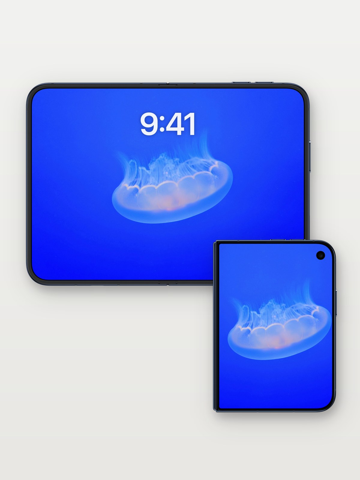 Serene Float Wallpaper with Bioluminescent Drift on iPhone Duo, open and closed