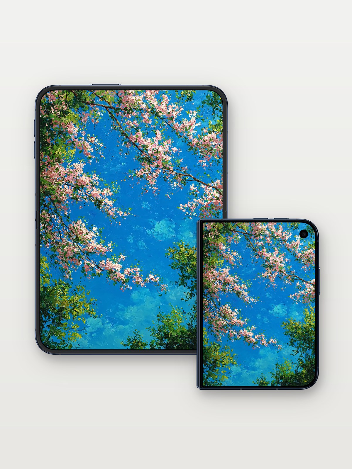 Serene Canopy Wallpaper with Cherry Blossom Sky on iPhone Duo, open and closed