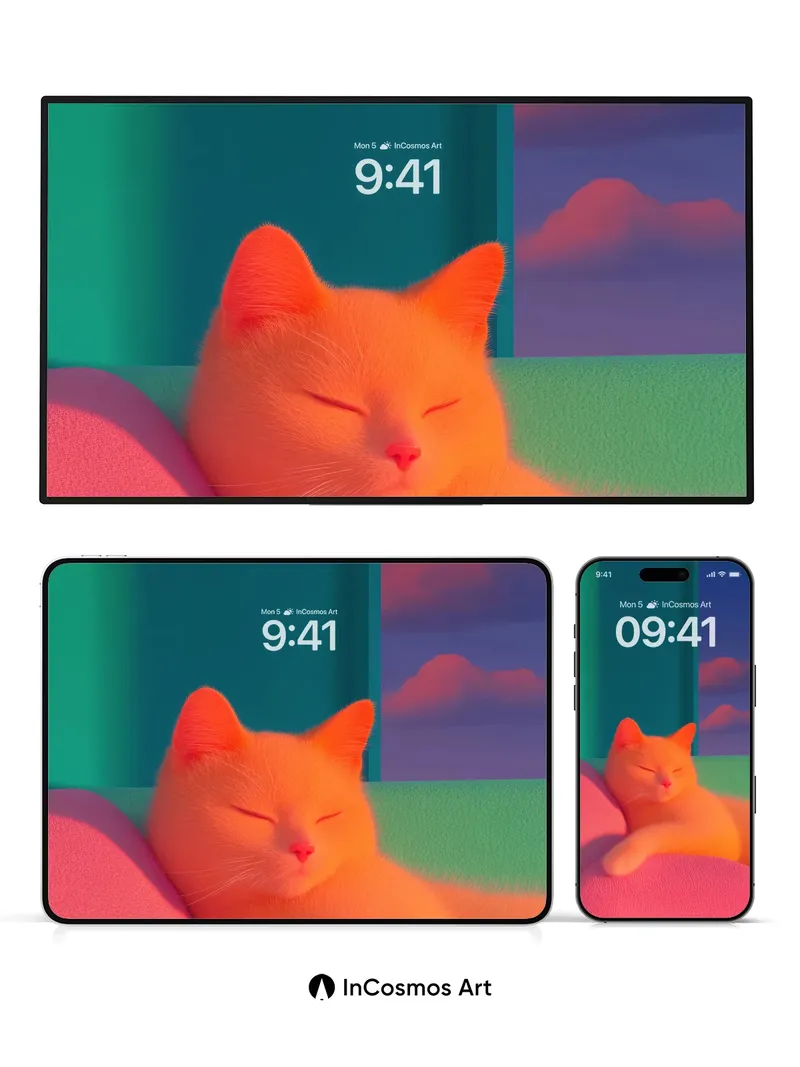 Serene Orange Cat Wallpaper with Neon Dreamscape