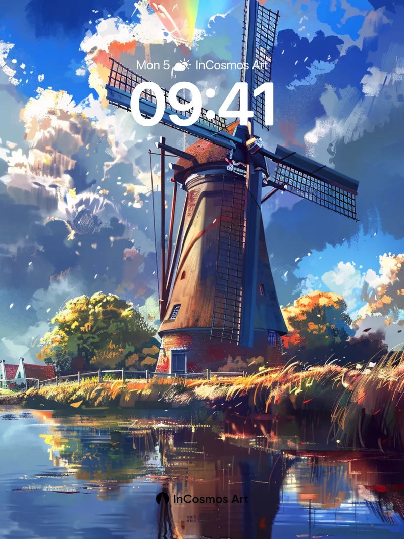 Serenity Windmill Wallpaper with Rainbow Sky wallpaper for iPhone, iPad & Mac