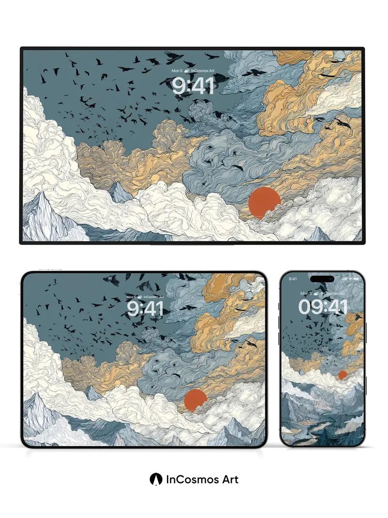 Crimson Skyline Wallpaper with Flock of Shadows