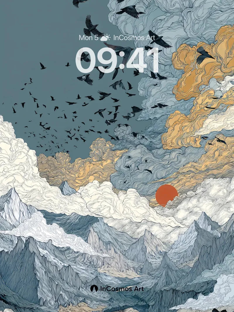 Crimson Skyline Wallpaper with Flock of Shadows