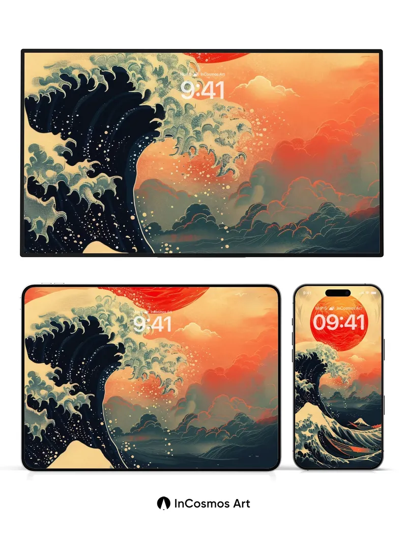 Crimson Horizon Wallpaper with Hokusai Waves