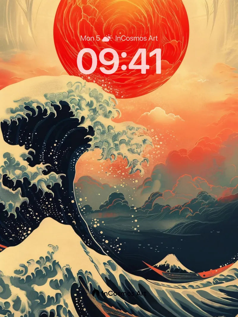 Crimson Horizon Wallpaper with Hokusai Waves