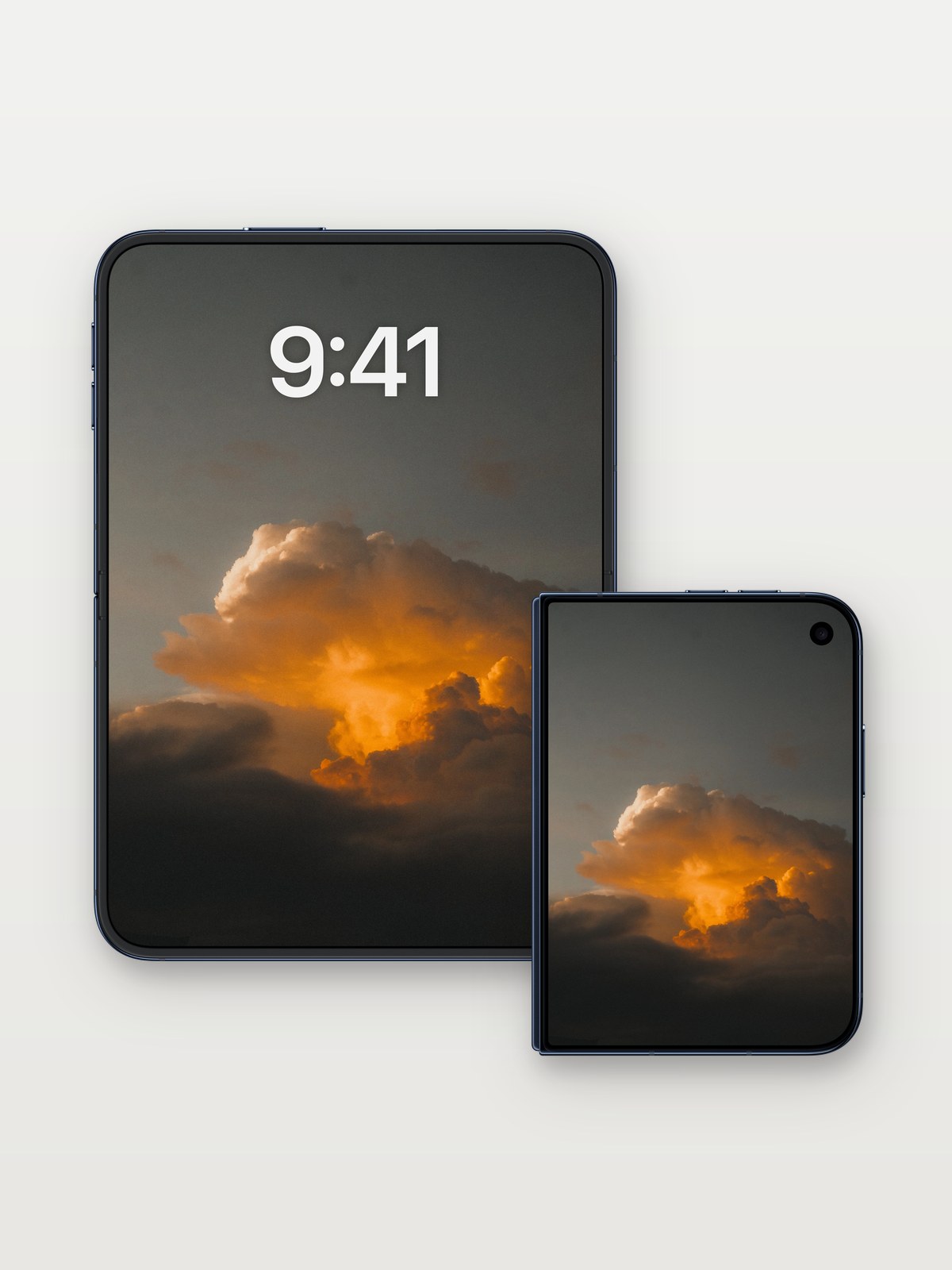 Golden Ember Cloud Wallpaper with Sunset Glow on iPhone Duo, open and closed